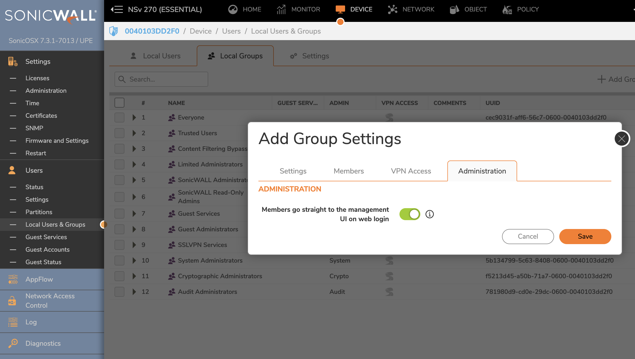 Sonicwall "Members go straight to the management UI on web login"
