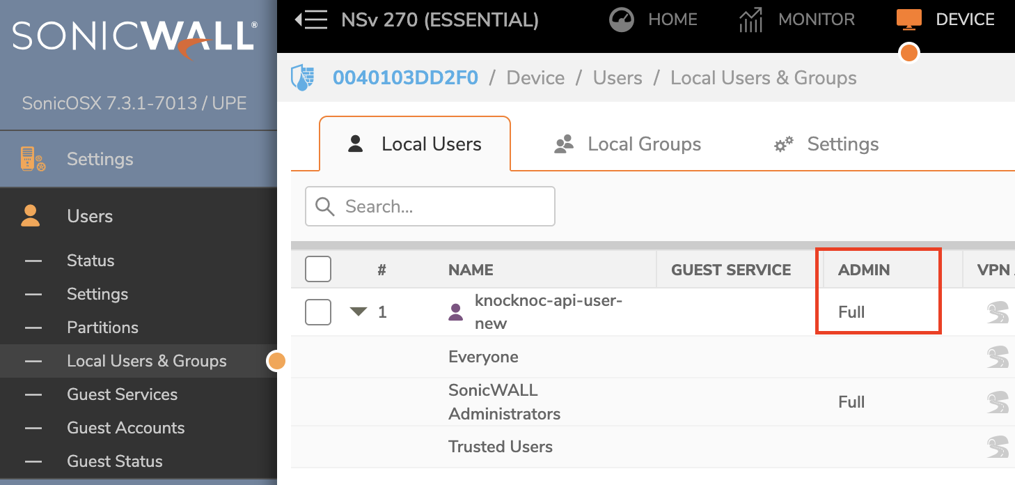 Sonicwall admin permissions