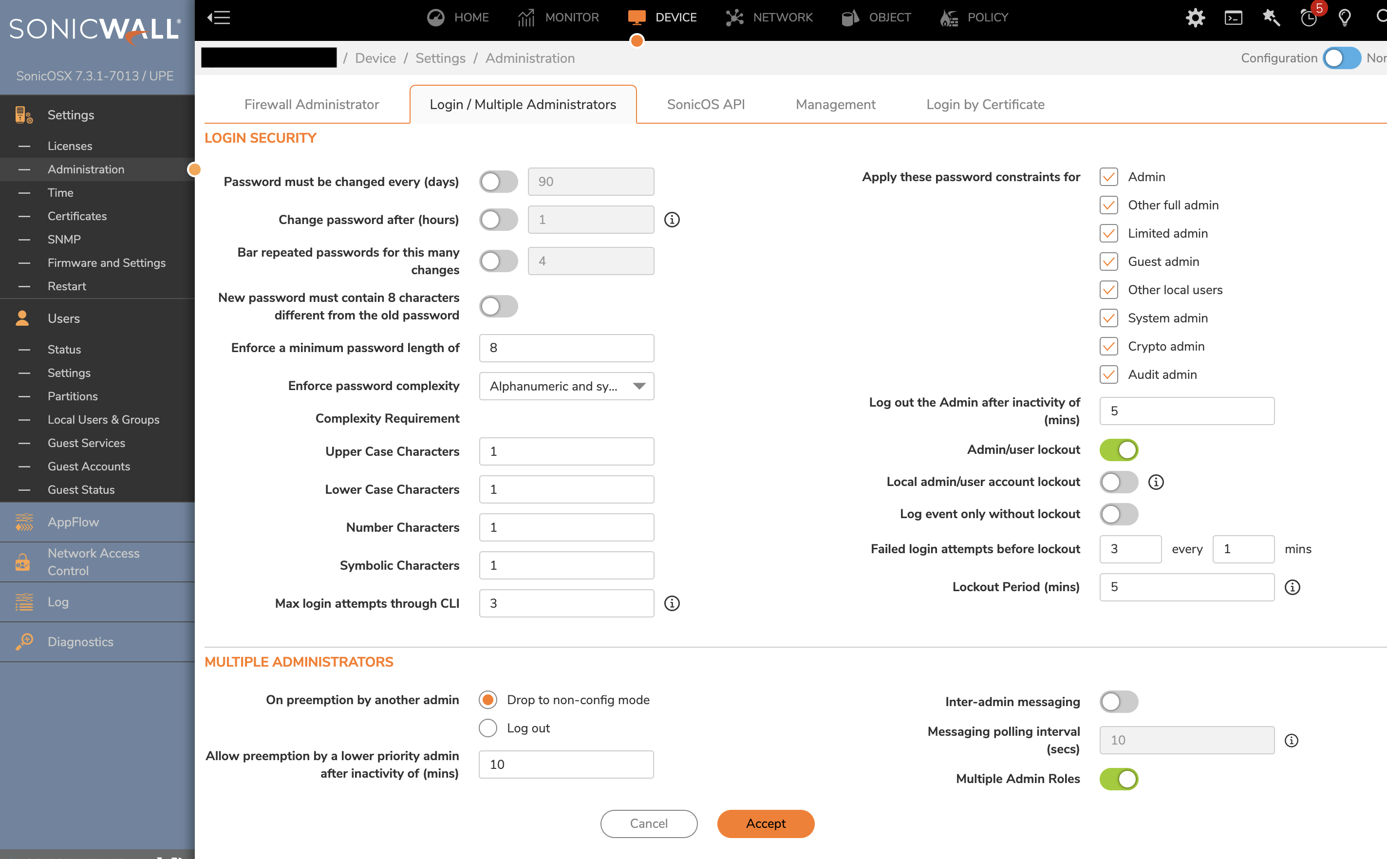Password policy settings in sonicwall