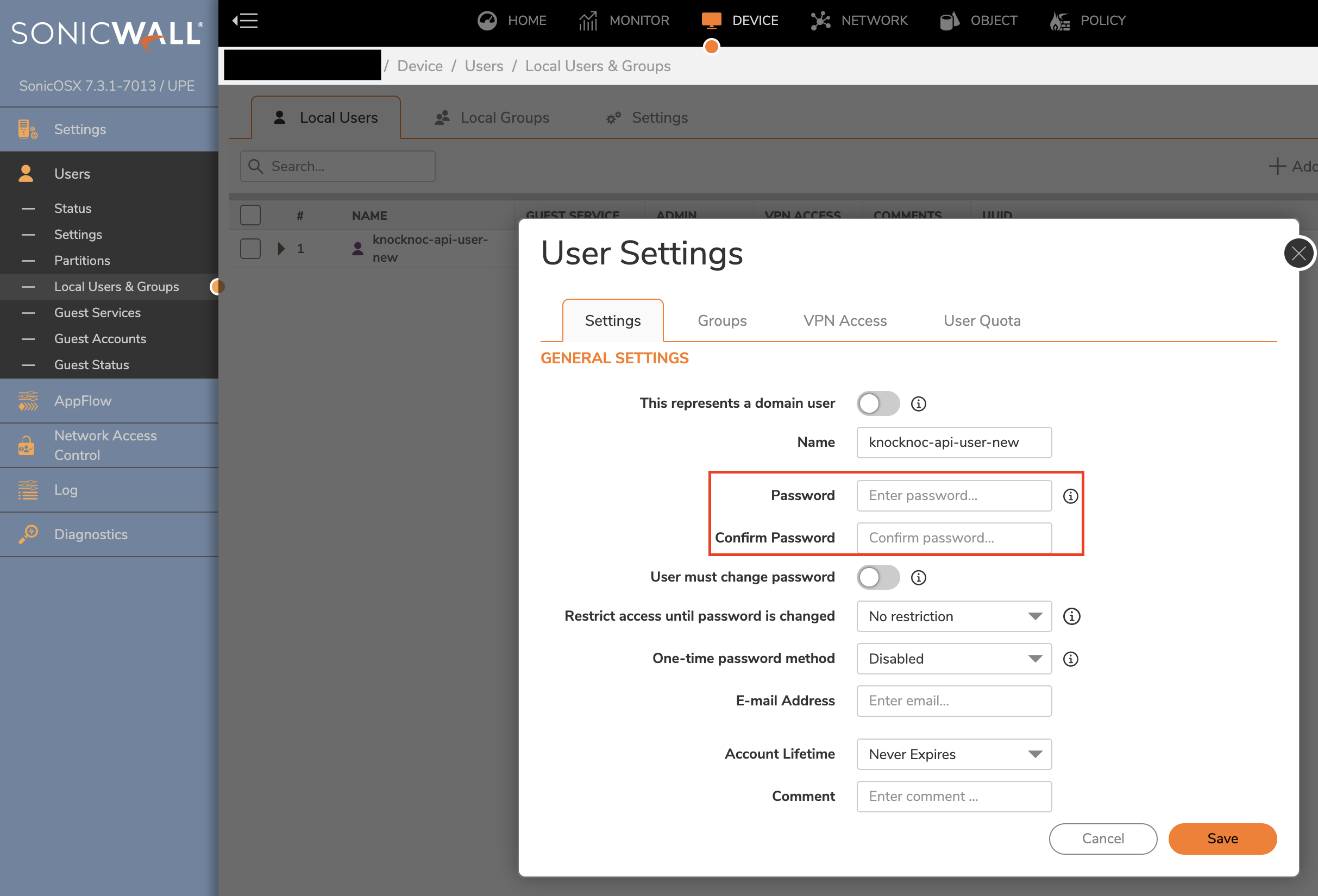 Changing API user password in Sonicwall