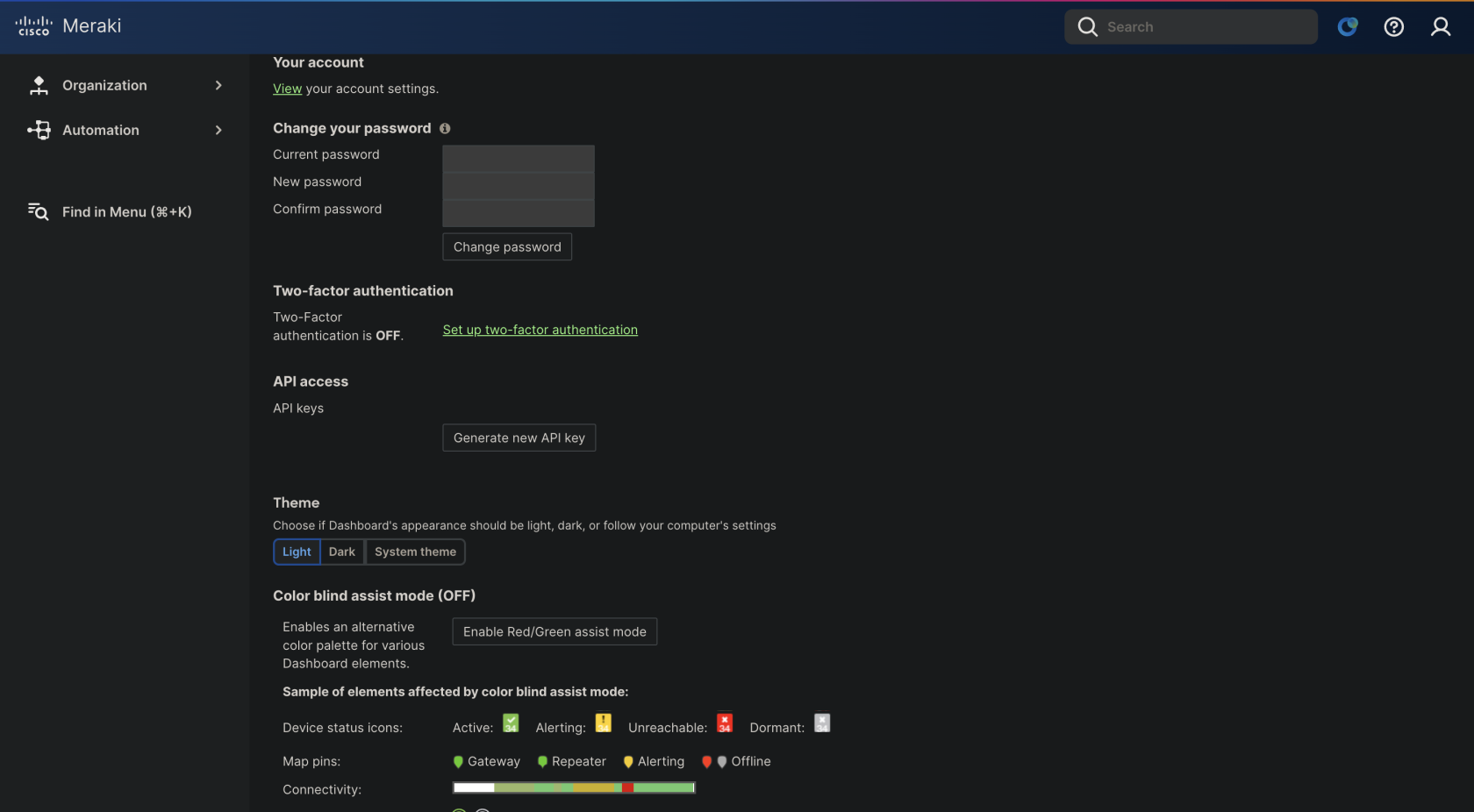 Meraki My profile page with the Generate new API key button