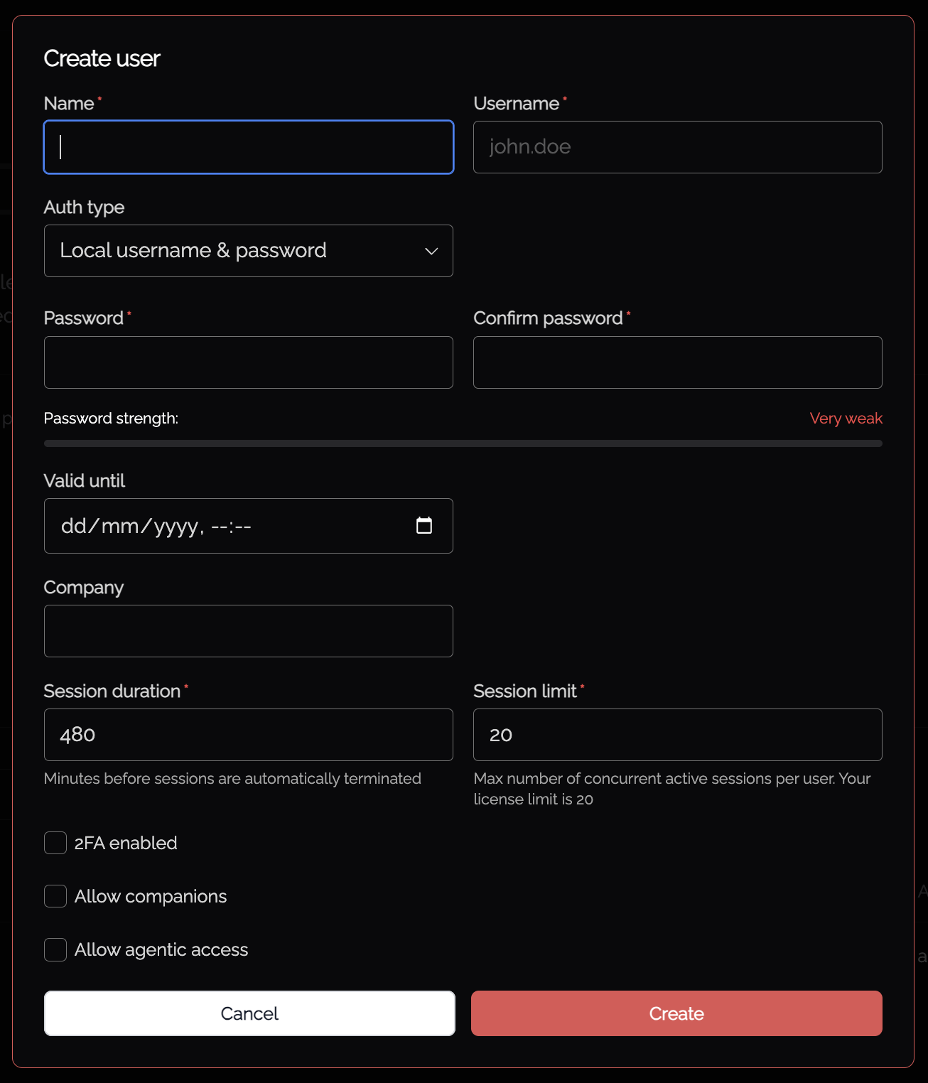 Create User dialog