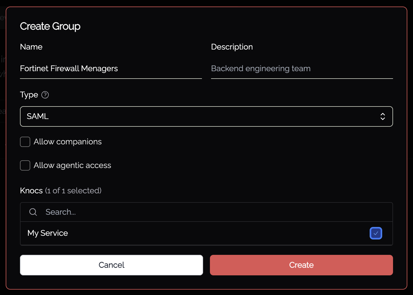 Create Group dialog: type defaults to SAML, with companion and agentic toggles and a Knocs picker