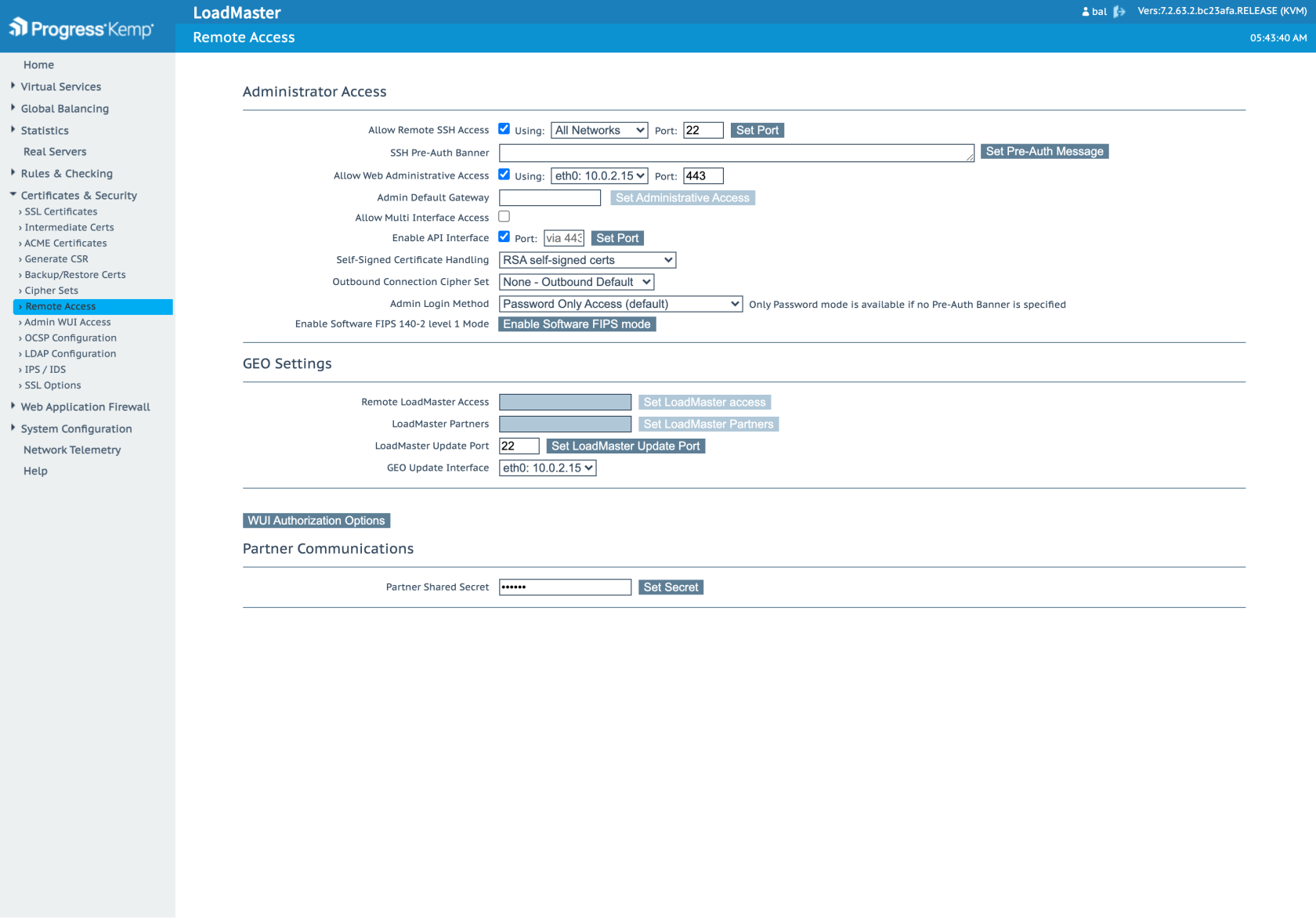 Kemp LoadMaster Remote Access page with the API Interface enabled