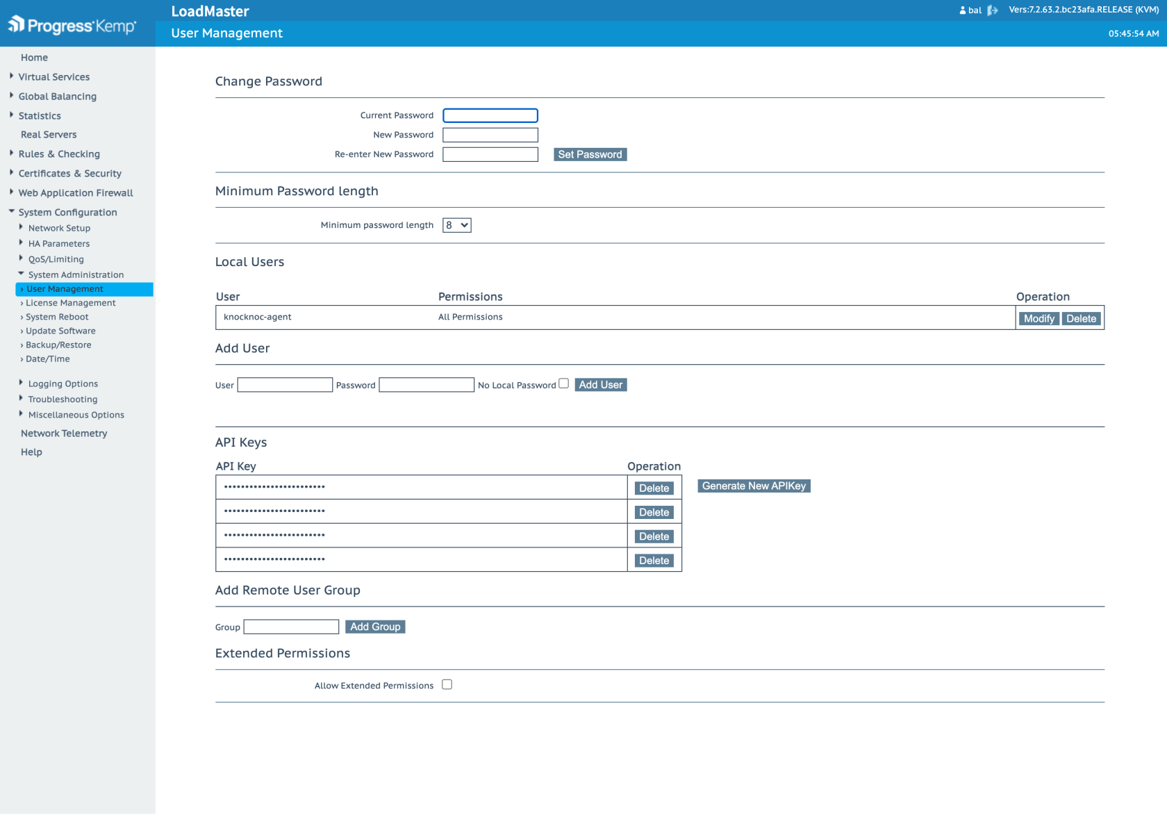 Kemp LoadMaster User Management page with a user that has All Permissions