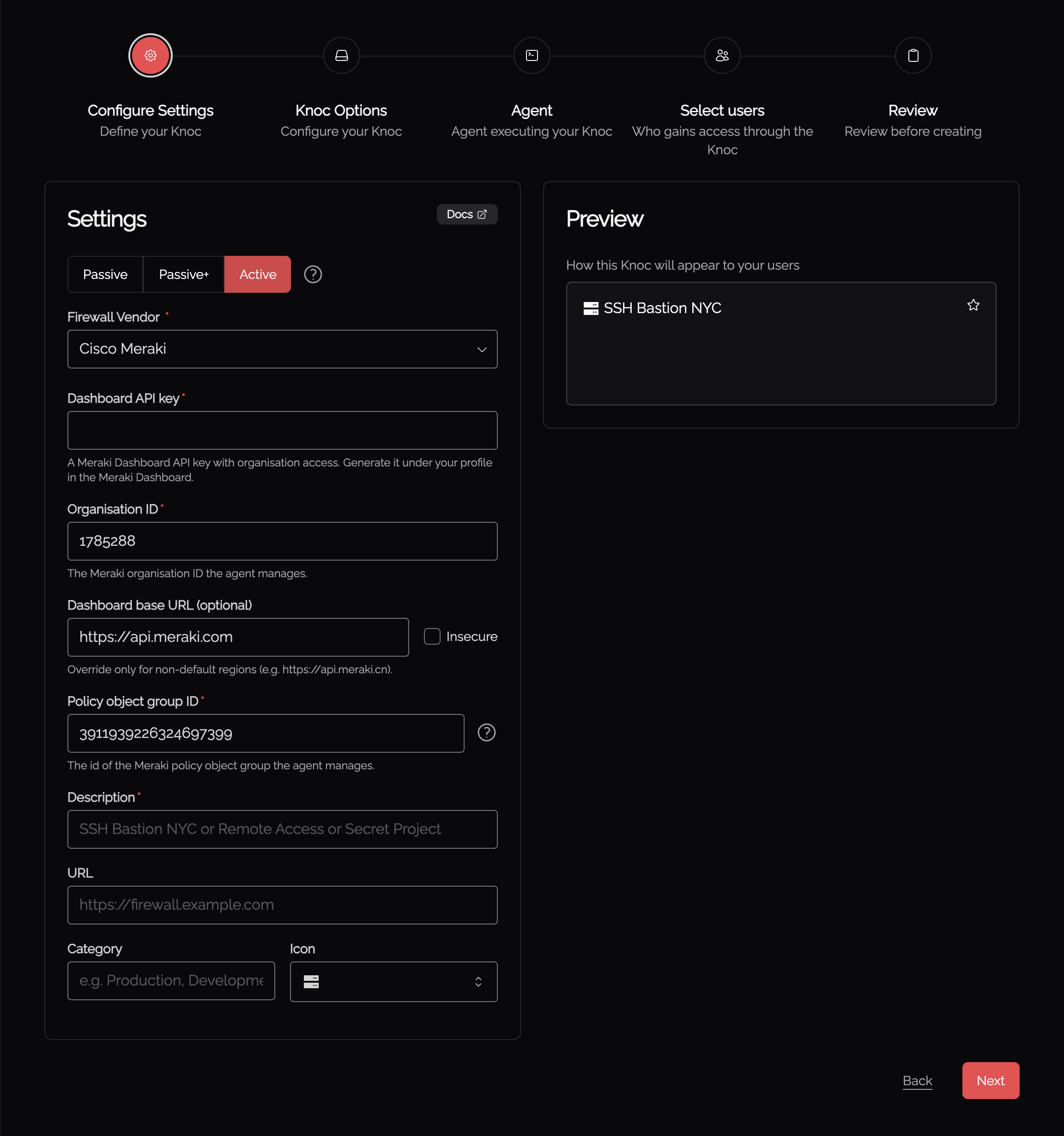 Cisco Meraki knoc backend configuration in the Knocknoc wizard