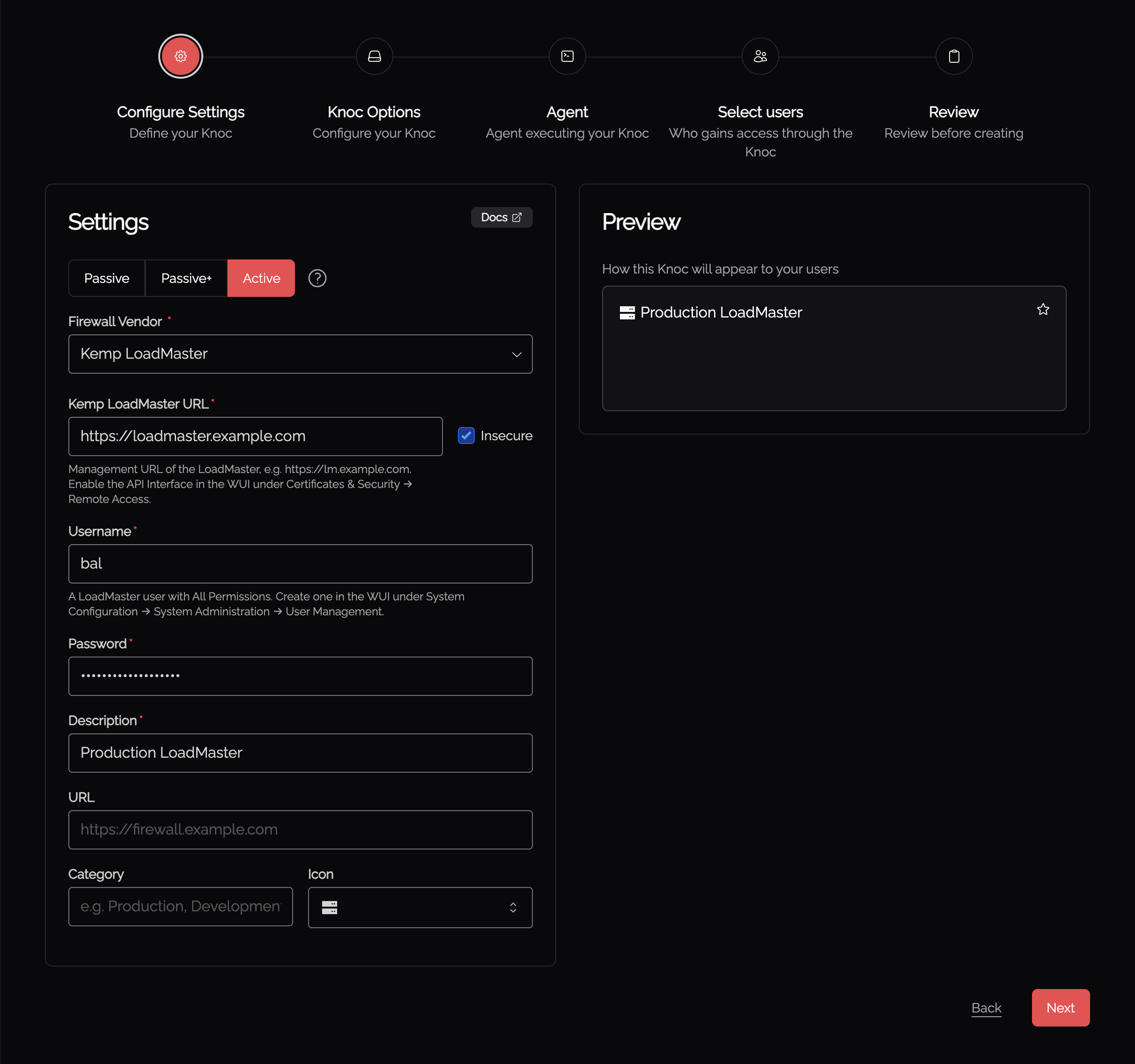 Kemp LoadMaster backend fields in the Configure Settings step