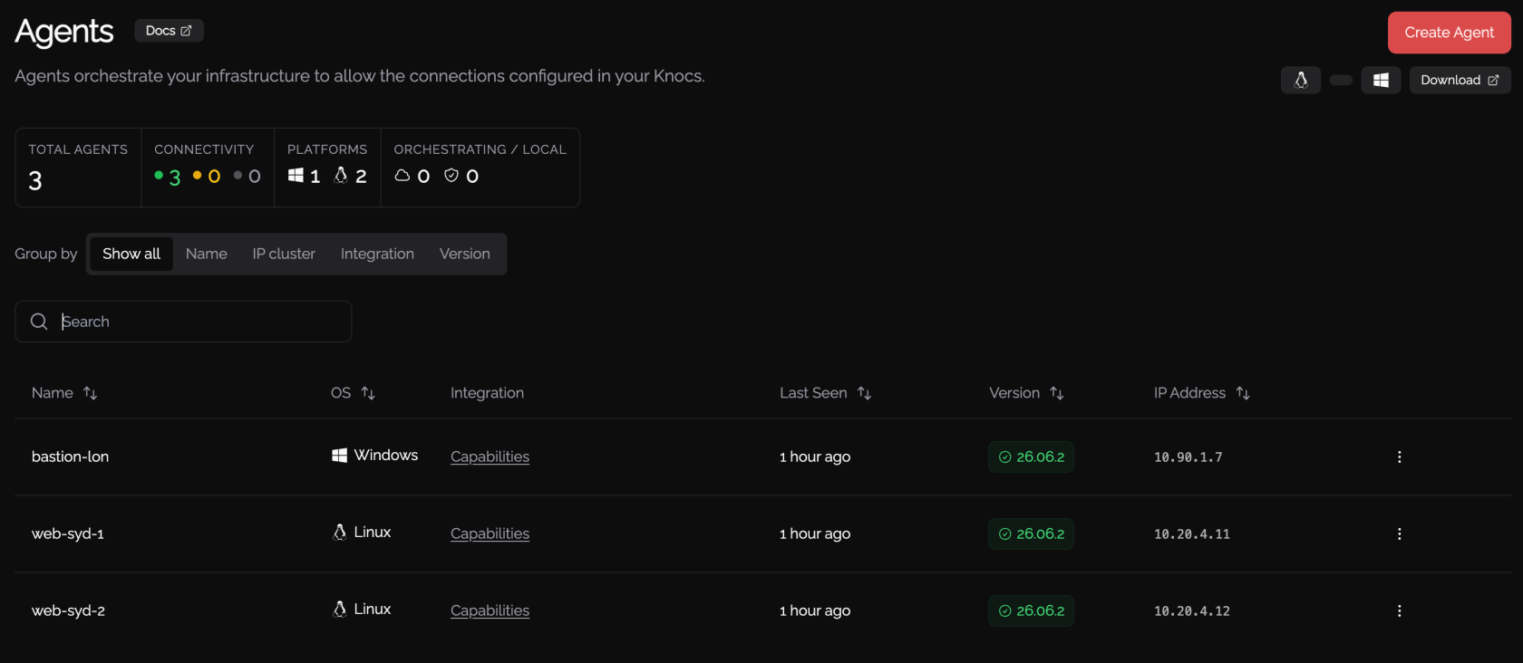 Admin Agents page: fleet summary, grouping, and agent list
