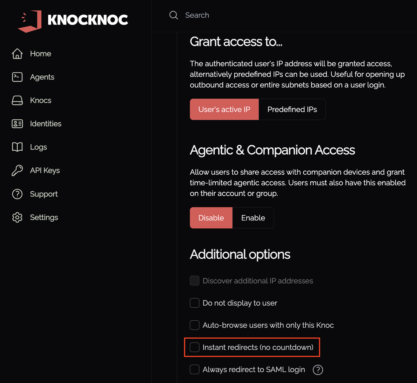 Instant redirects (no countdown) option in the Knoc Additional options