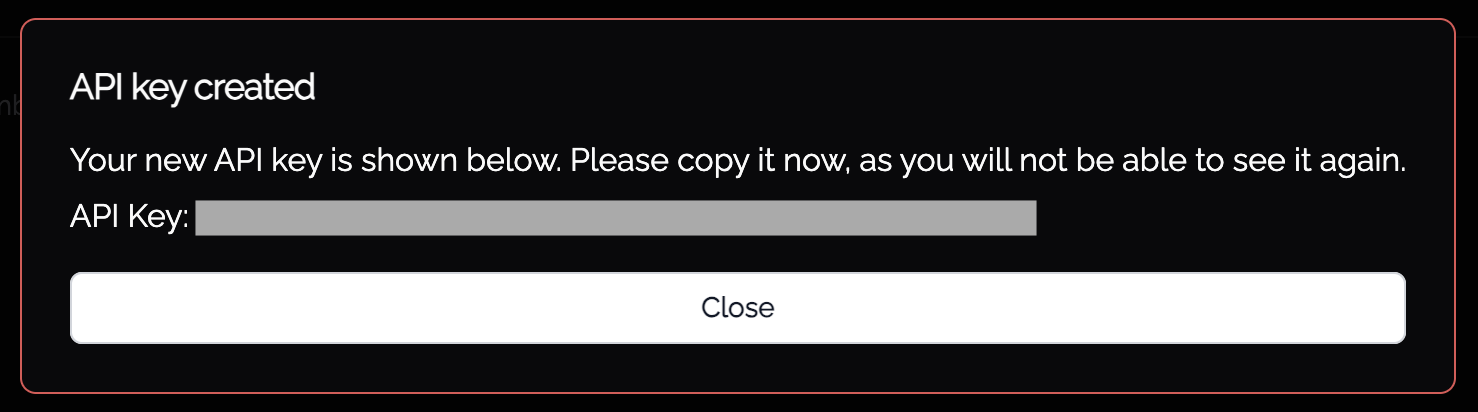 API key created dialog with the new key shown once