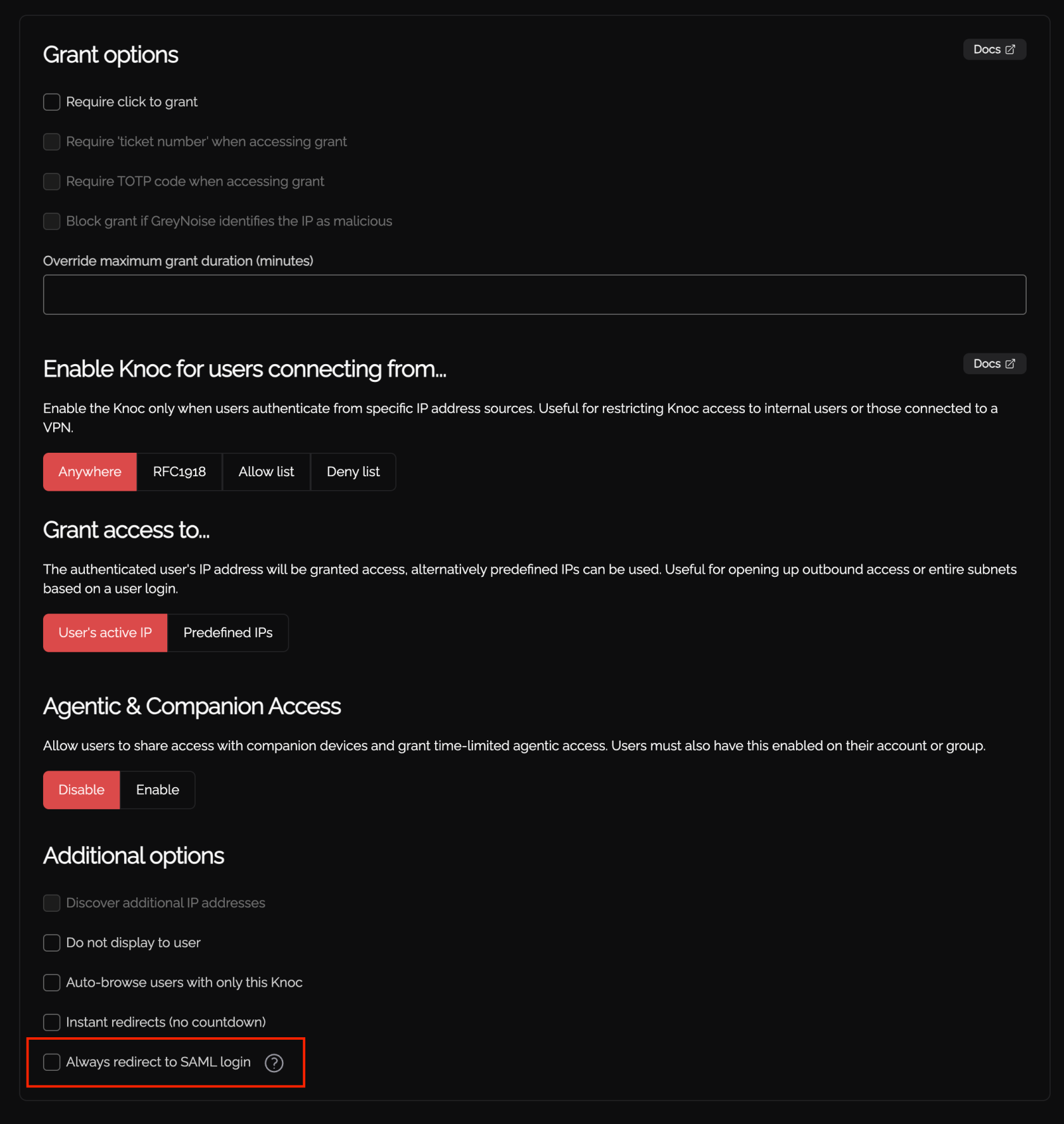 Always redirect to SAML login option in Knoc Options