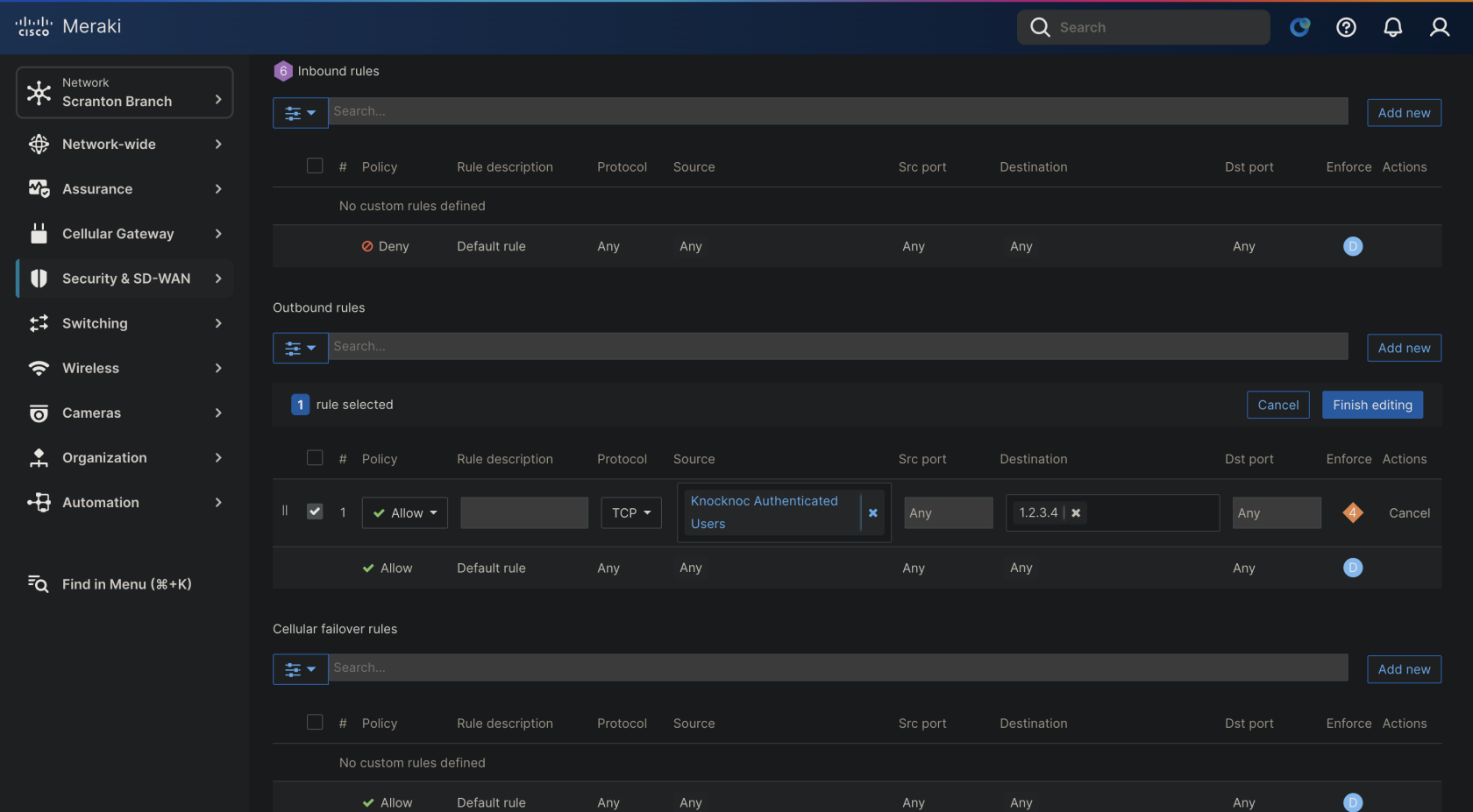 Meraki outbound firewall rule with the group in the source field