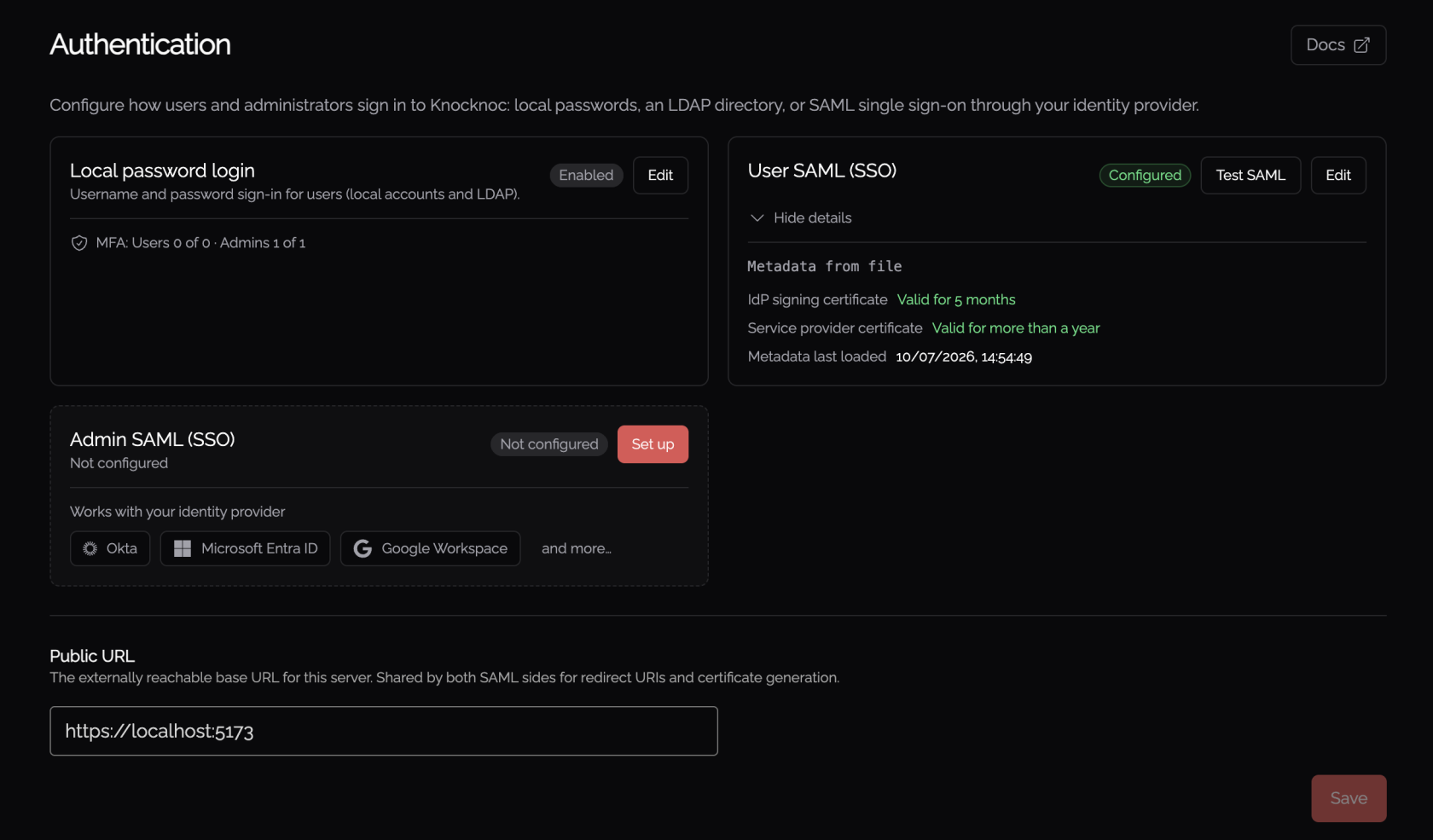 Authentication settings summary showing SAML certificate expiry