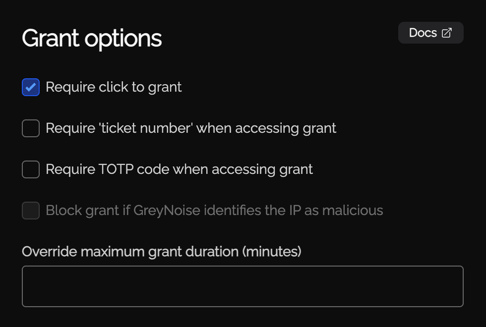 Knoc Grant options with Require click to grant enabled
