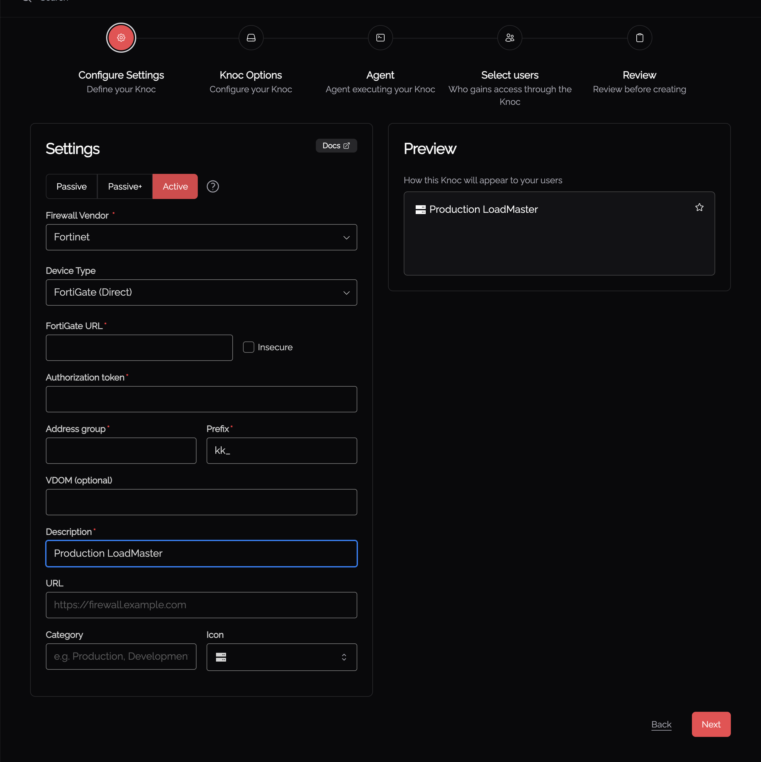 Create-knoc wizard Configure Settings step with Active mode selected