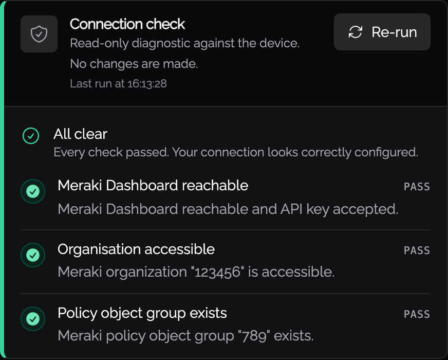 Knocknoc Connection check showing all Meraki validation probes passing