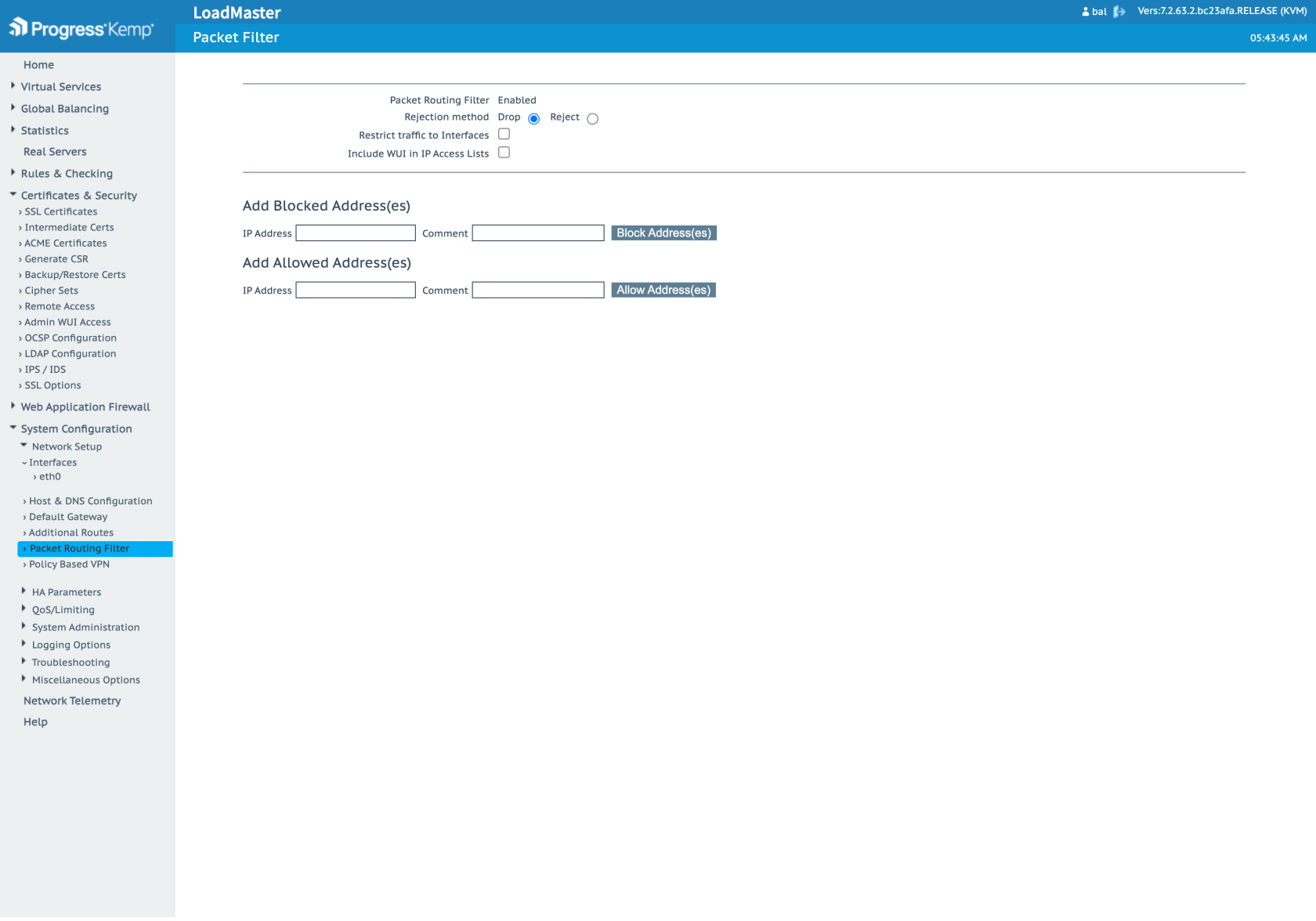 Kemp LoadMaster Packet Routing Filter page showing it enabled