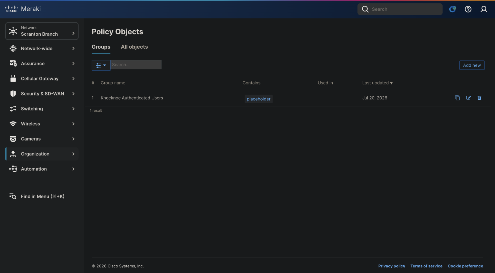 Meraki policy object group containing the placeholder object