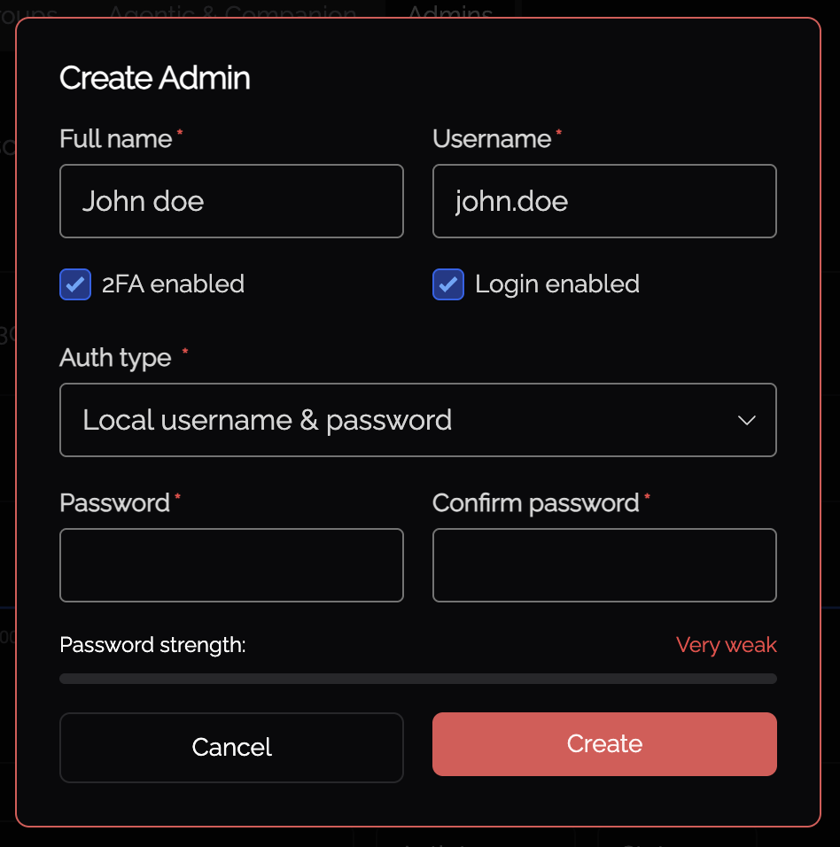 Create Admin dialog