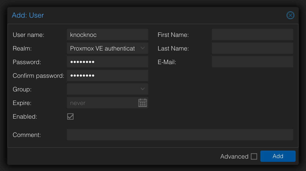 Proxmox: create the knocknoc user