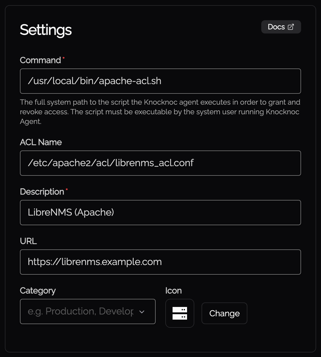 The custom script Knoc settings, with the apache-acl.sh command and the ACL file path
