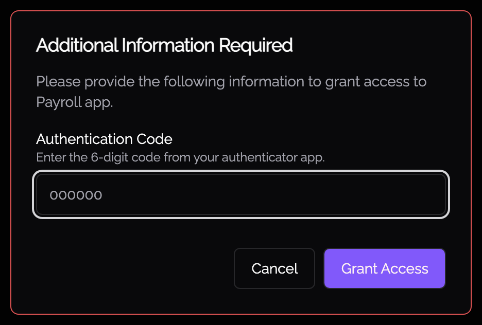 Authentication code prompt shown before the grant
