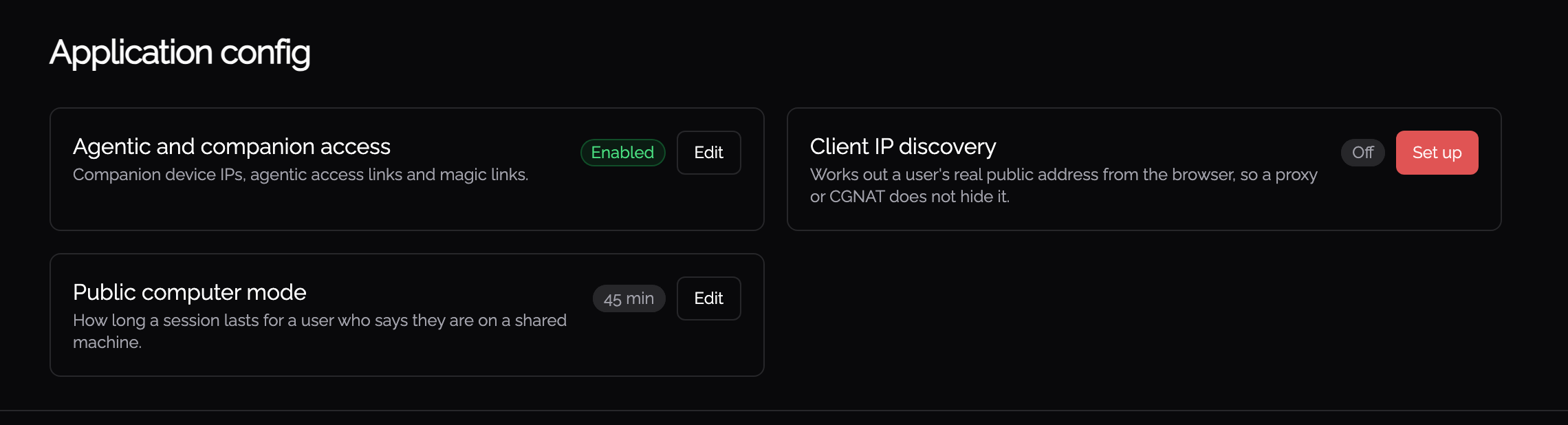 Application config: agentic and companion access, client IP discovery and public computer mode