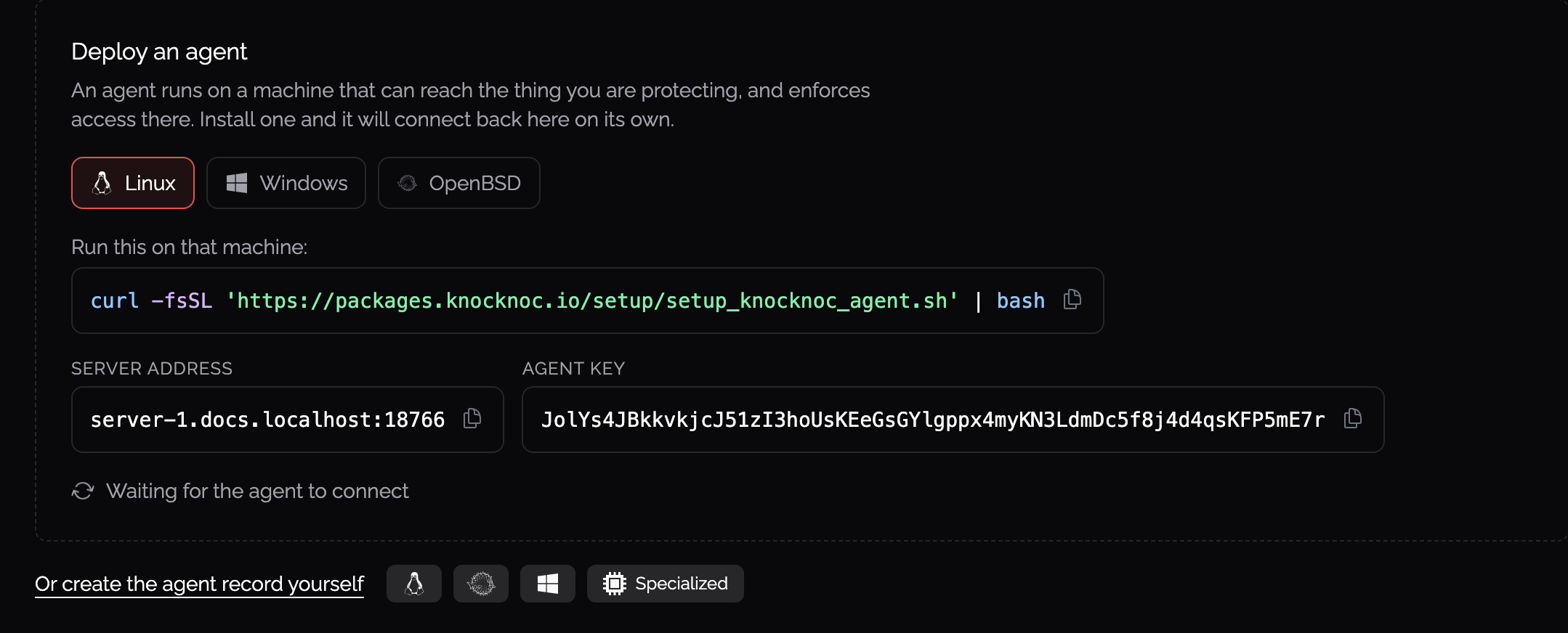 Deploy an agent panel showing the OS picker, install command, server address and agent key