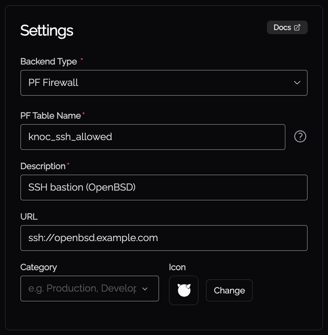 The Knoc wizard Settings step with PF Firewall selected and a PF table name entered