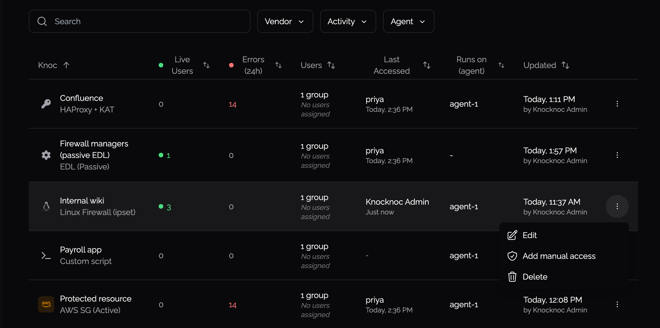 Knocs list with a row menu open on Add manual access