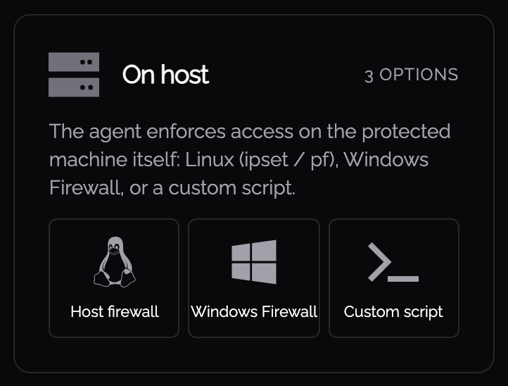 The On host category of the Knoc type chooser, with Windows Firewall among its options