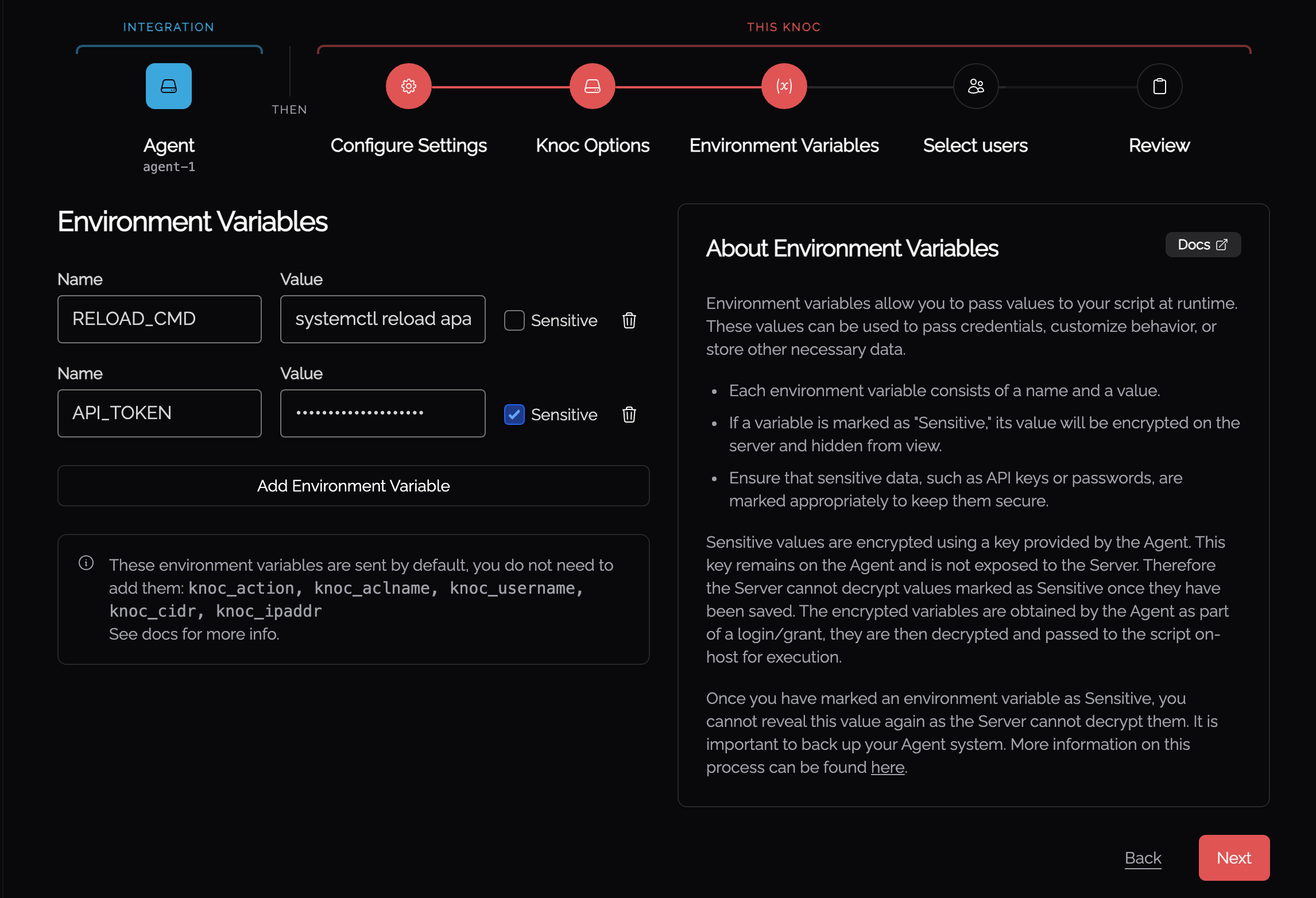 The Environment Variables step of the Knoc wizard, with one variable marked Sensitive