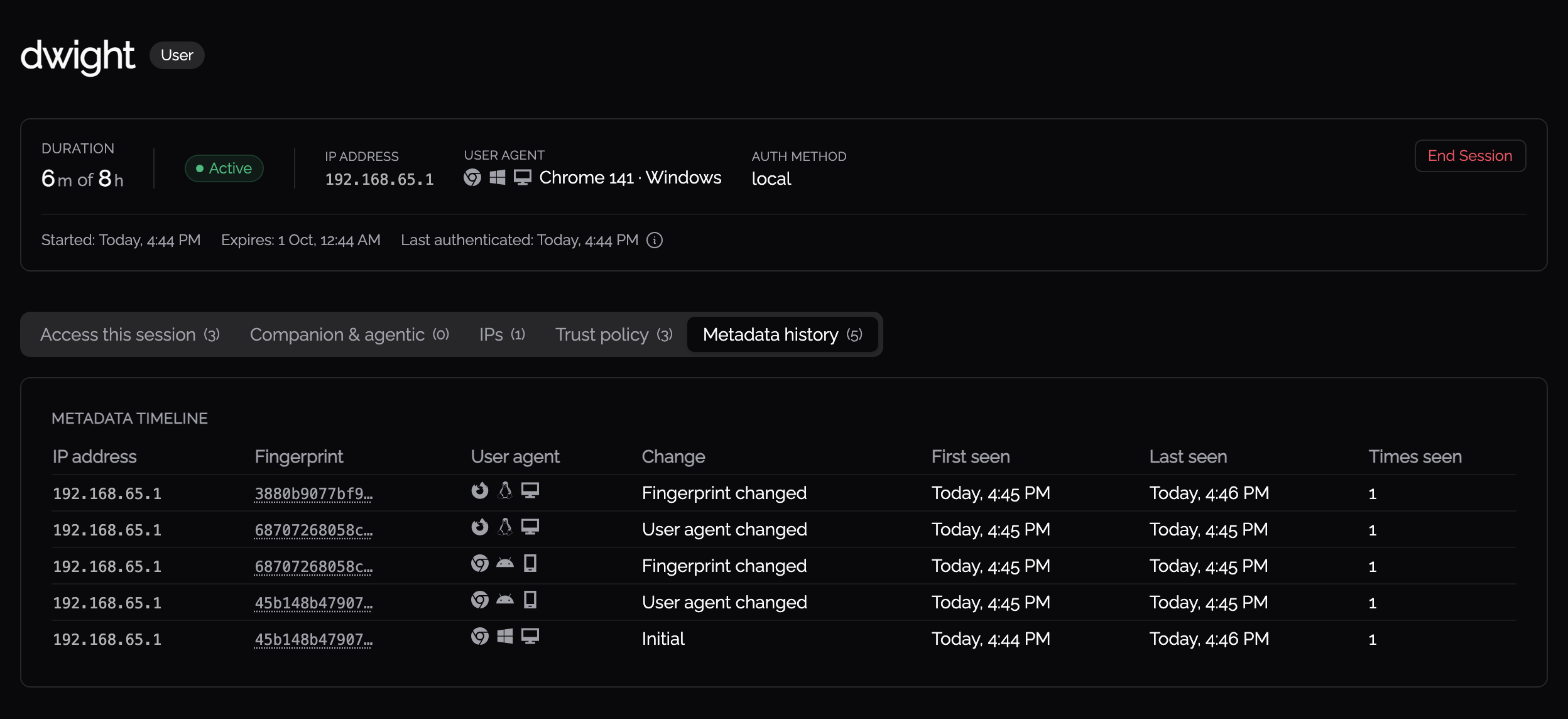Session detail with the metadata timeline recording user agent and fingerprint changes