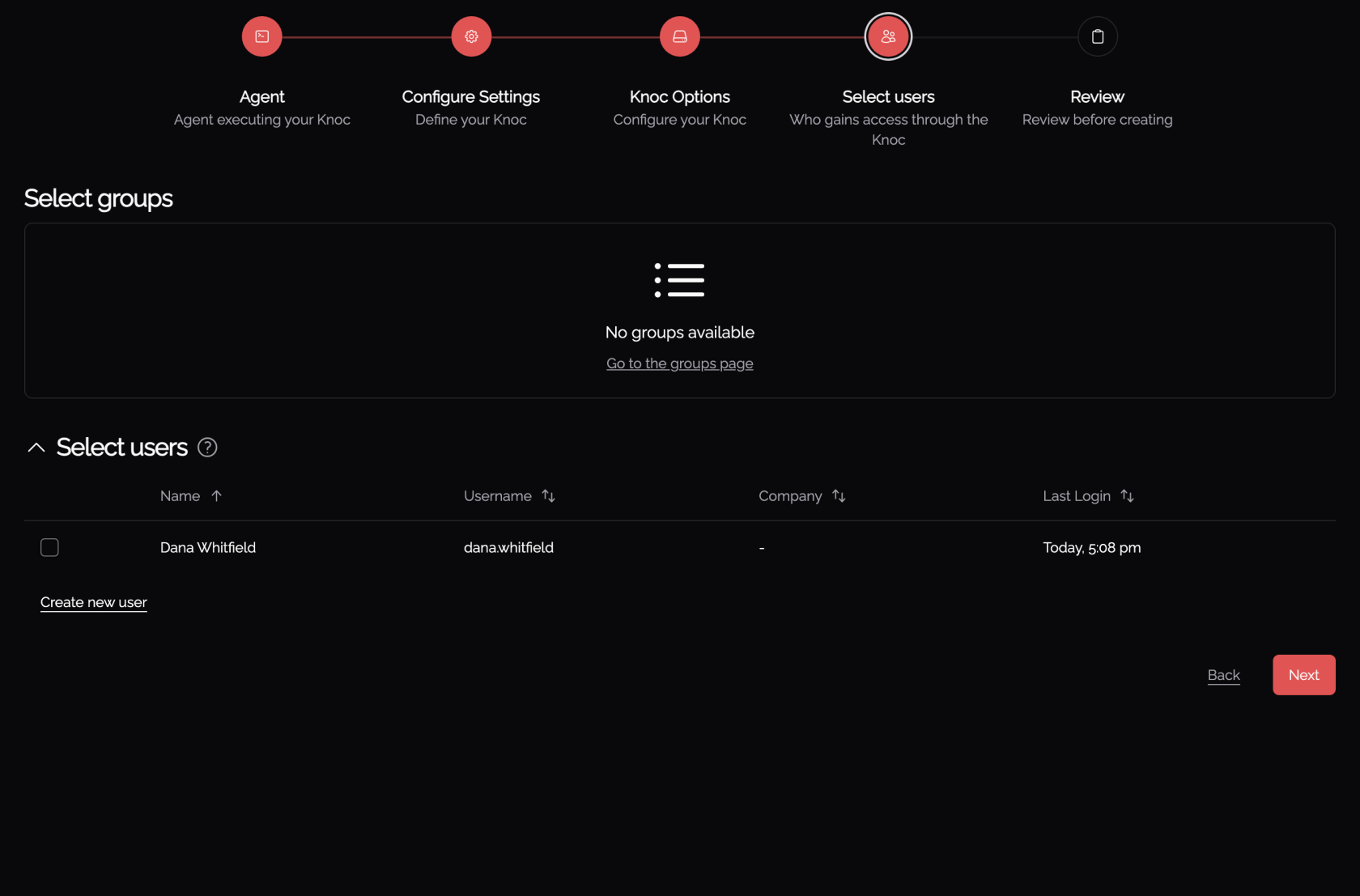 Select users step of the create-knoc wizard
