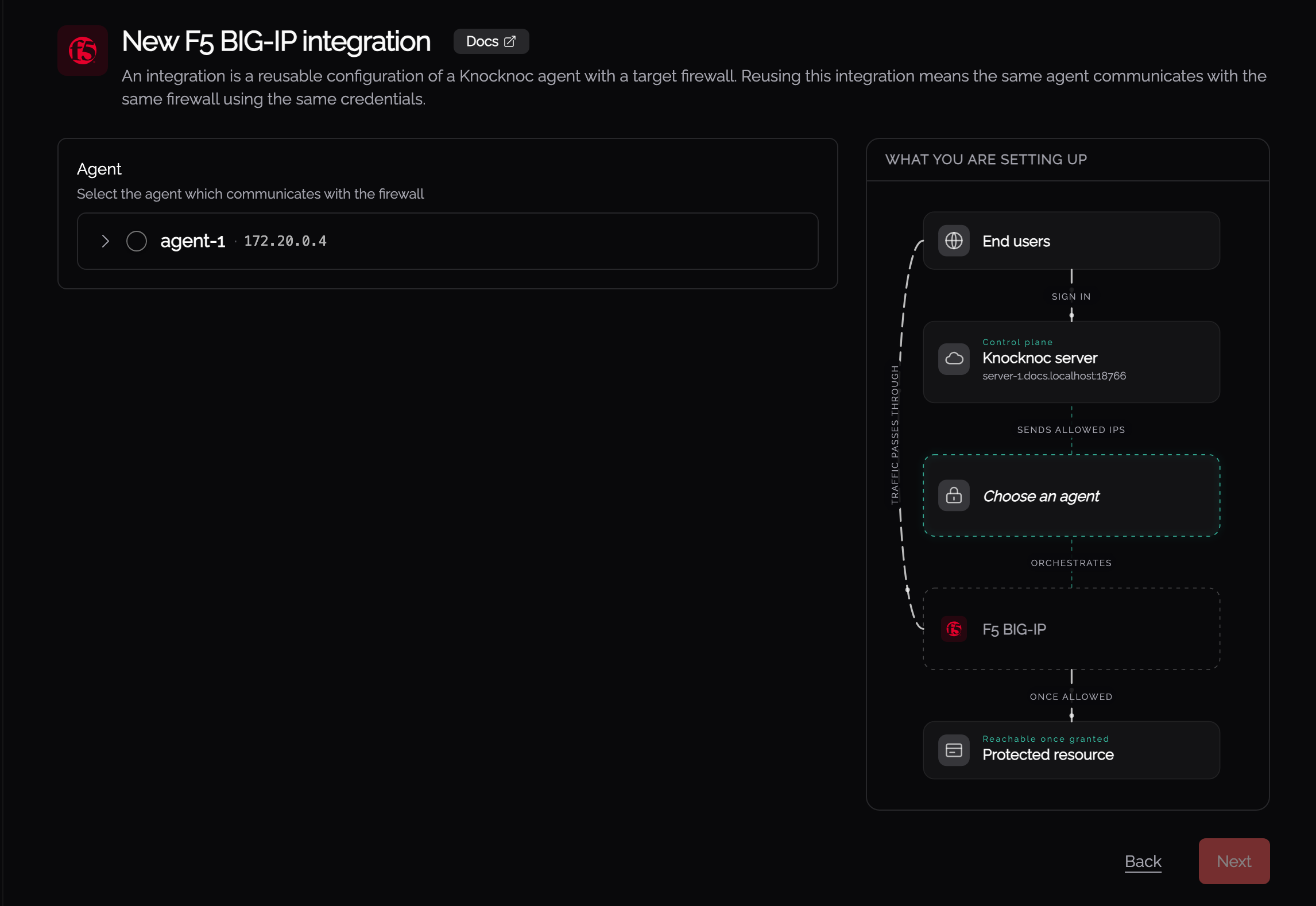 New F5 BIG-IP integration step, agent picker and setup diagram