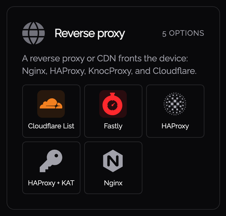 The Reverse proxy category of the Knoc type chooser, with HAProxy + KAT among its options