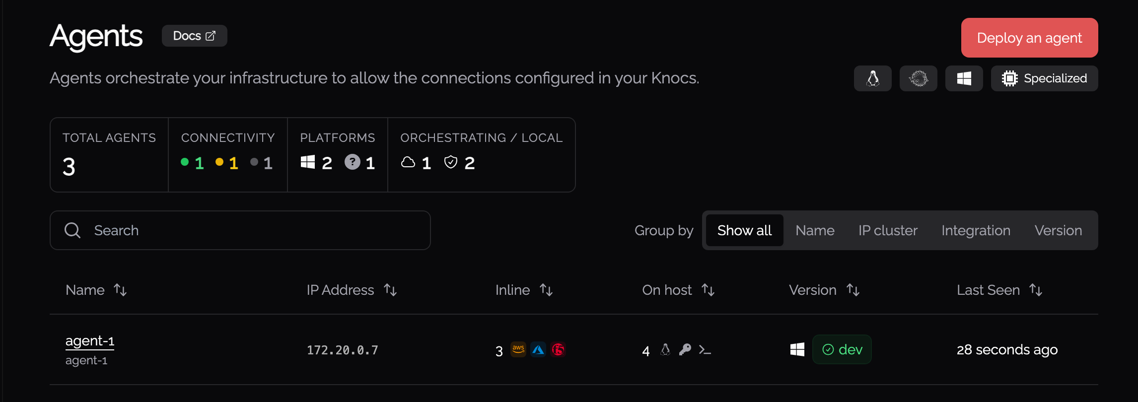 Admin Agents page: fleet summary, grouping, and agent list