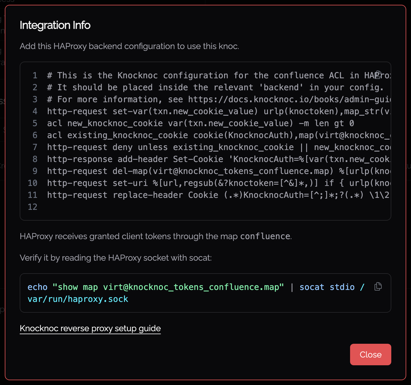 The same integration info on the Knoc Overview tab