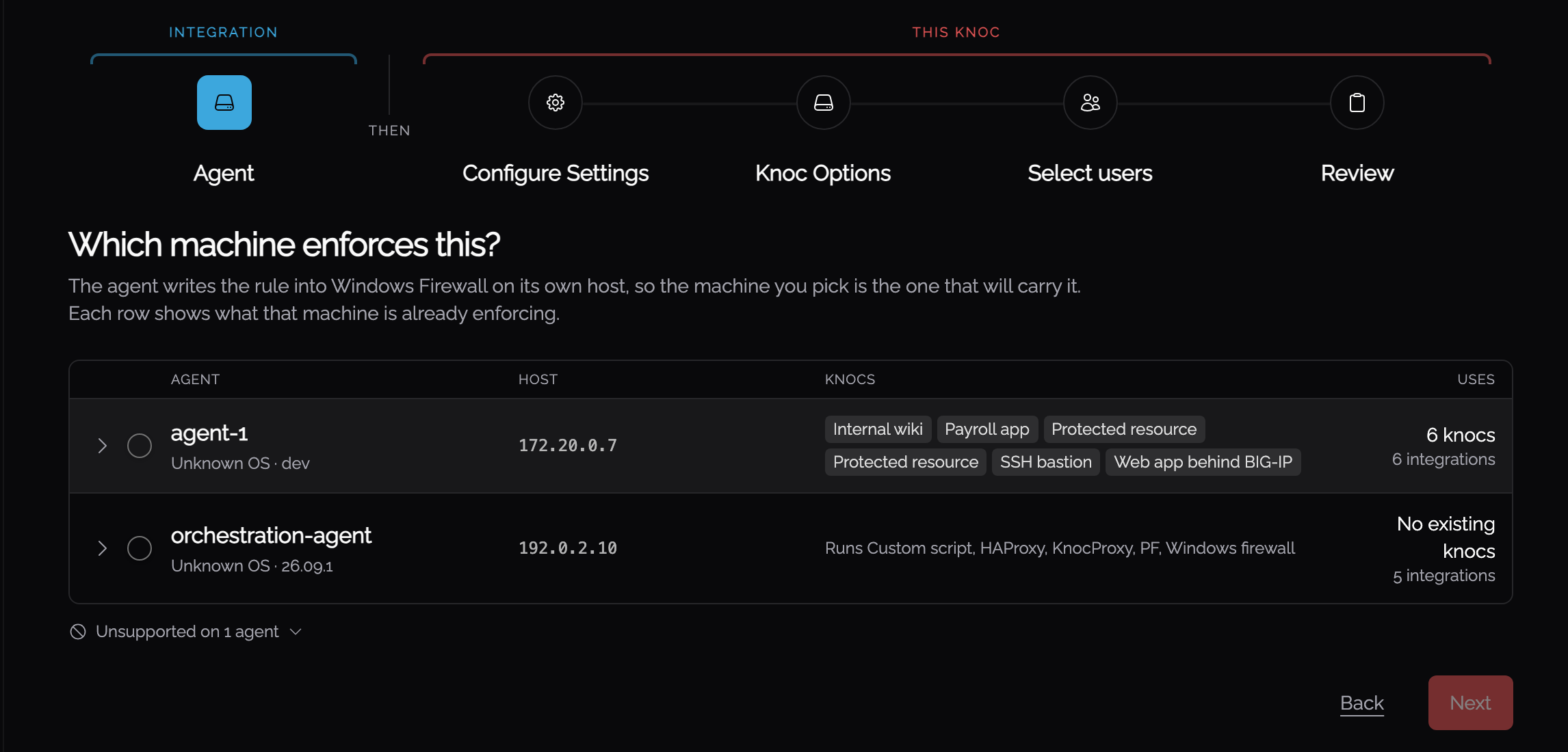 The Knoc wizard Agent step, choosing the agent on the Windows server