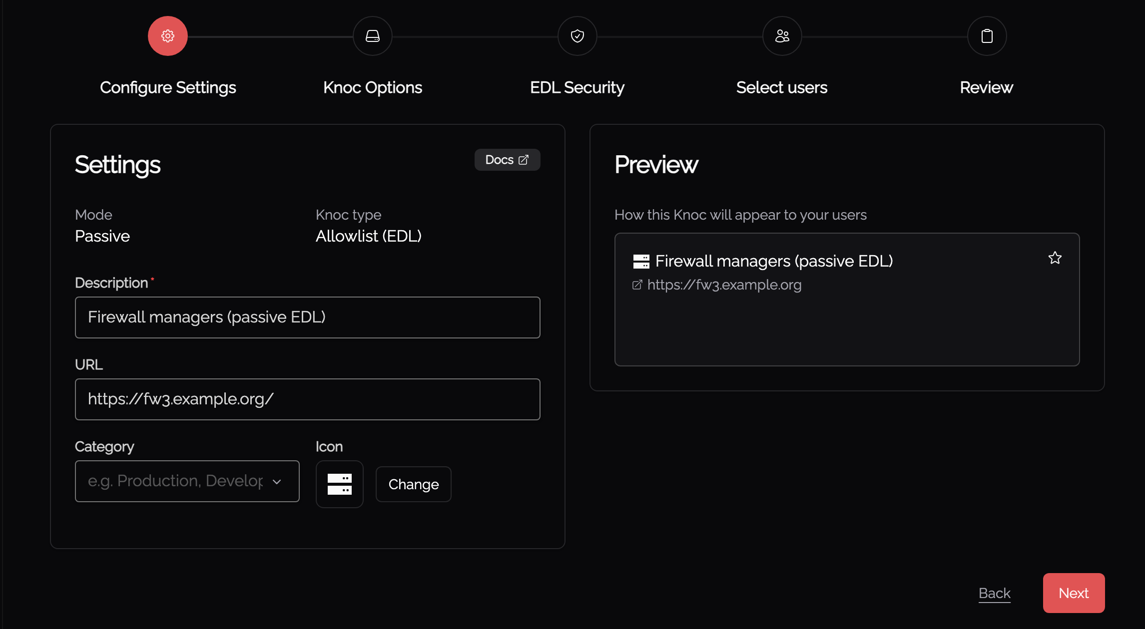Configure Settings for an EDL (Passive) knoc