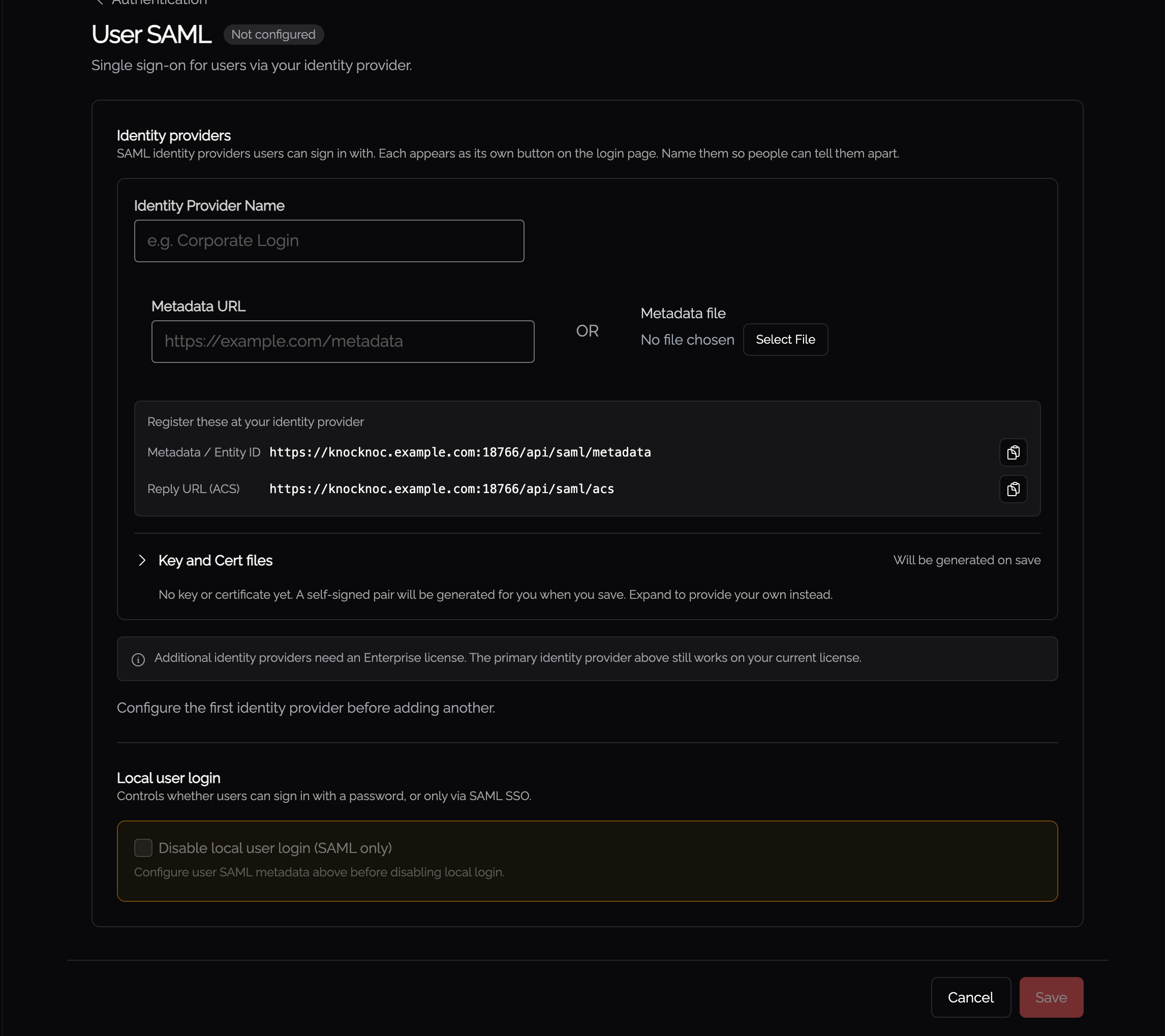 User SAML single sign-on settings