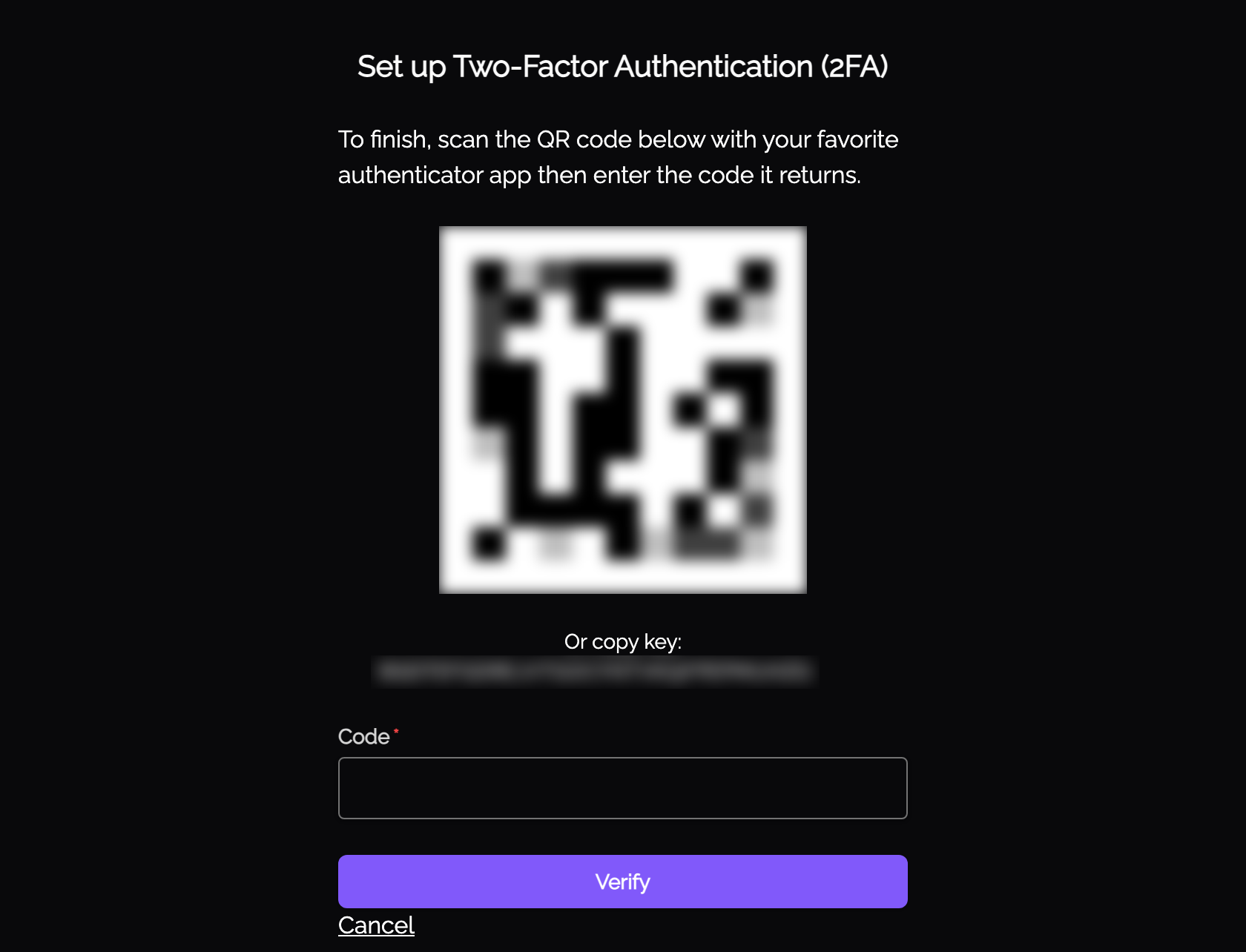 Two-factor enrolment: scan the QR code then enter the code