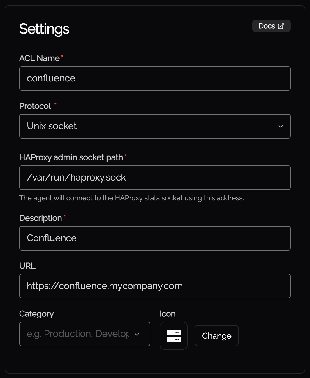 The Knoc wizard Settings step for HAProxy + KAT, showing the ACL Name and admin socket path