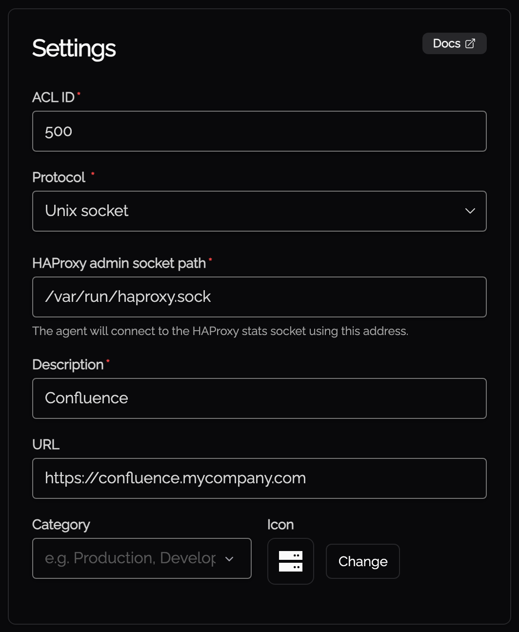The Knoc wizard Settings step for HAProxy, showing ACL ID 500 and the admin socket path