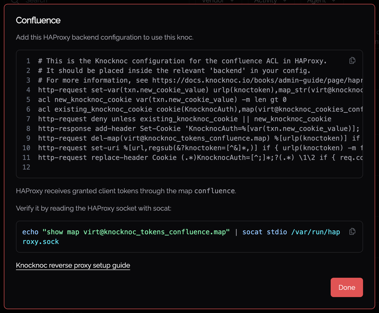 The integration info shown after saving the Knoc, with the HAProxy backend configuration