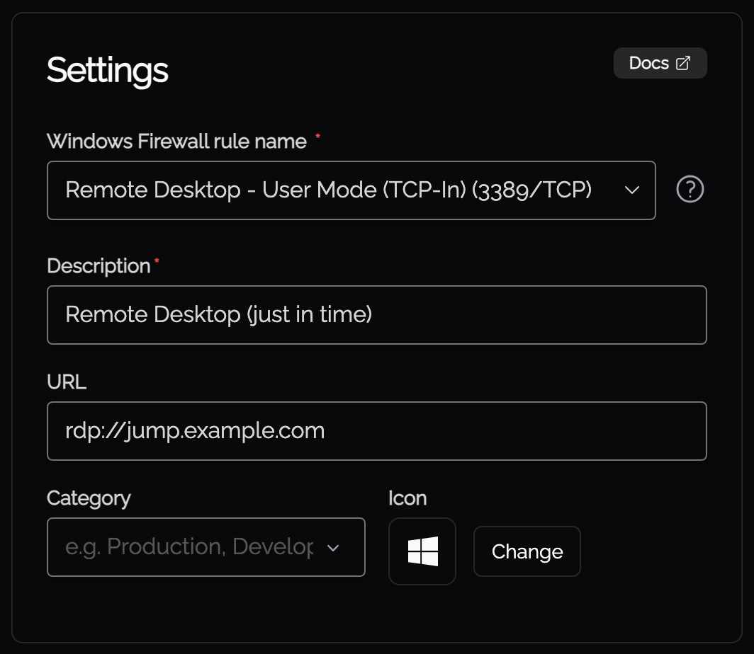 The Knoc wizard Settings step, with the Remote Desktop - User Mode (TCP-In) rule selected