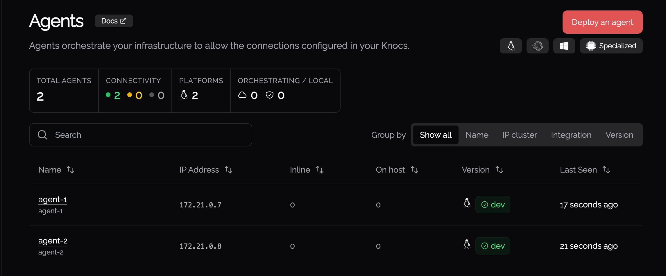 Admin Agents page: fleet summary, grouping, and agent list