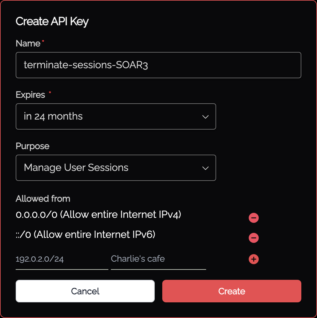 Create API Key dialog with the manage user sessions purpose