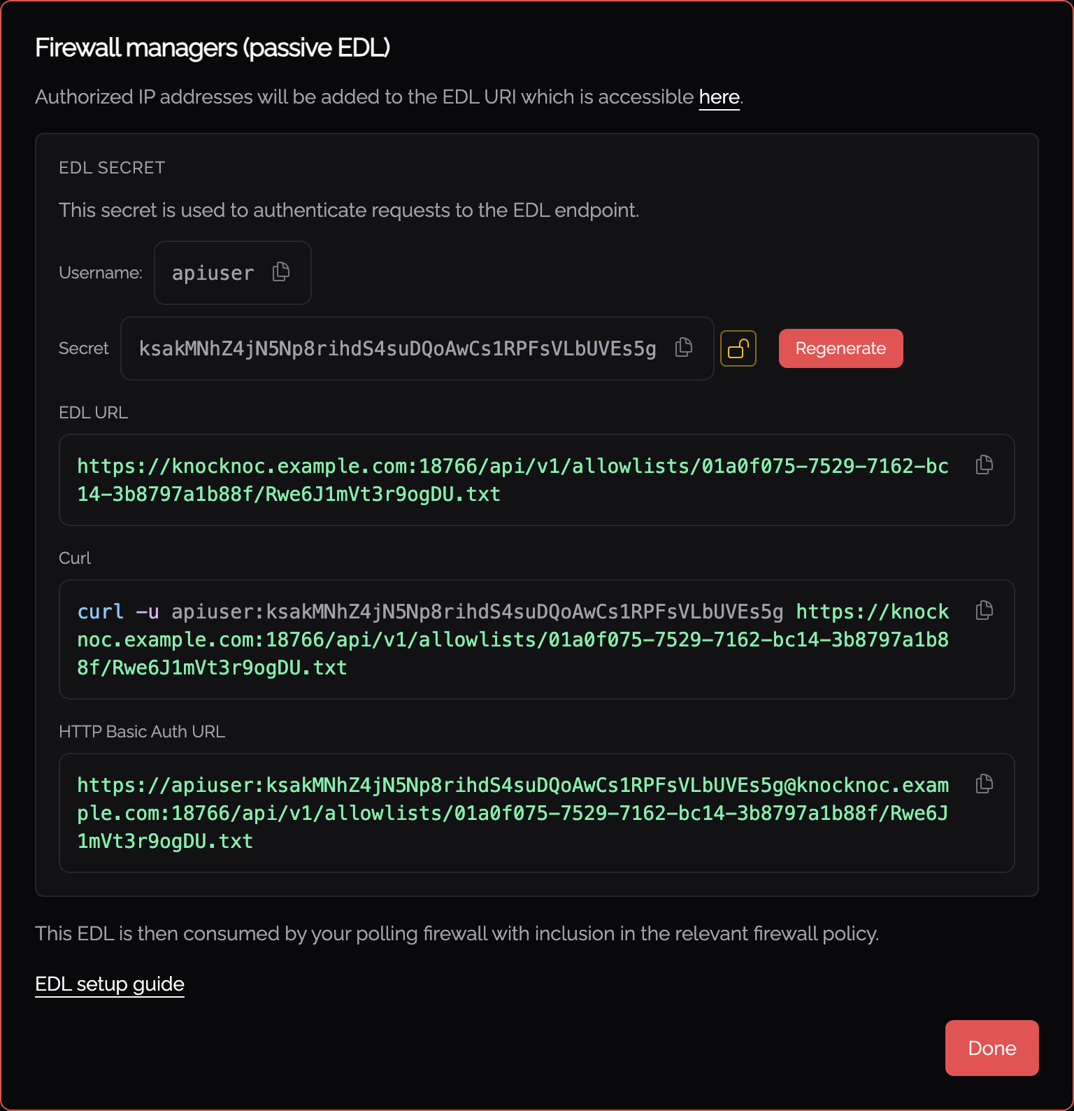 The panel shown after the knoc is saved, carrying the EDL URL