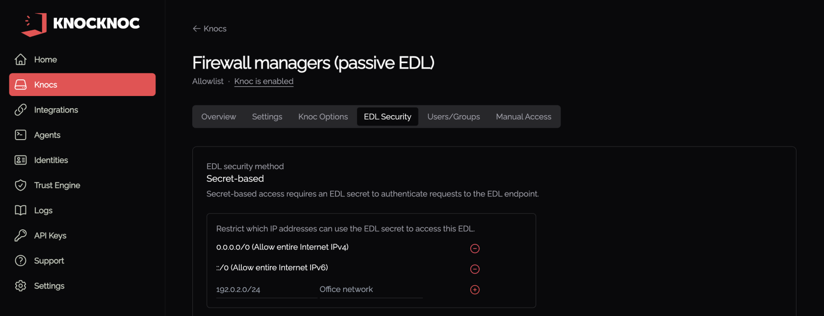 IP restrictions on the EDL Security tab
